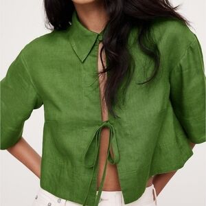 BANANA REPUBLIC LINEN TIE FRONT CROPPED SHIRT 100% LINEN GREEN MEDIUM NWT